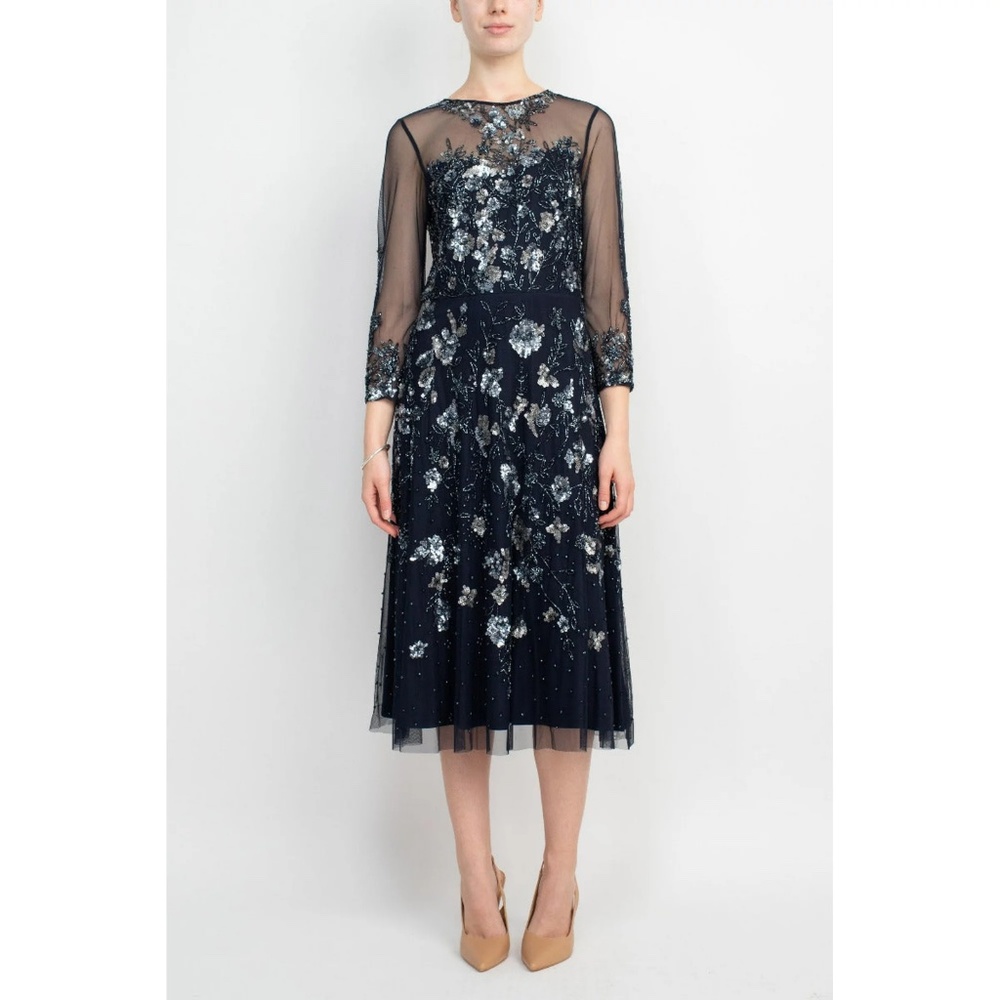 Adrianna Papell Crew Neck 3-4 Sleeves Back Zipper Beaded Floral Dress, Size 14